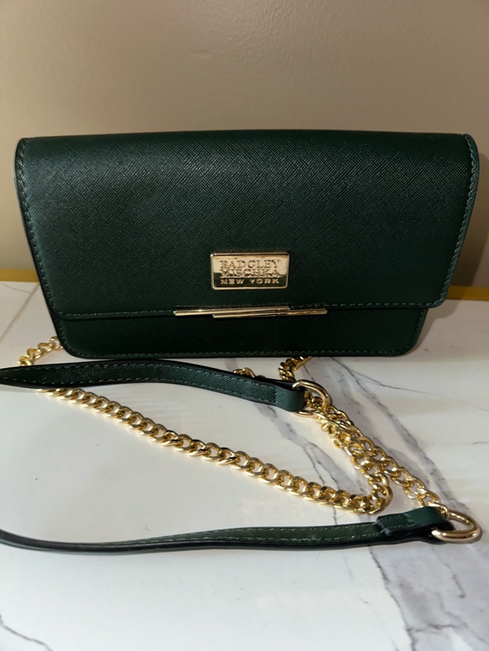 Badgley Mischka Deep Green Crossbody with Gold Chain